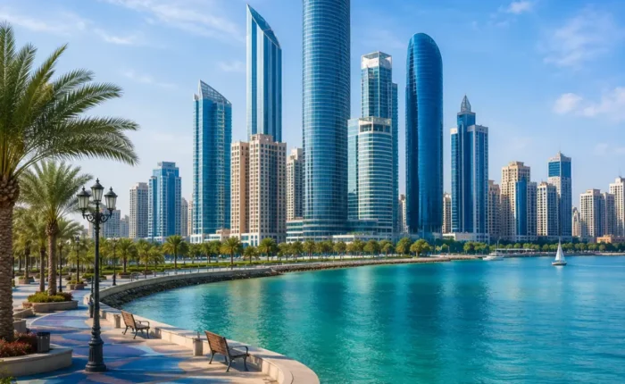 Abu Dhabi city skyline with modern waterfront towers, turquoise sea, palm promenade, and a premium luxury UAE travel atmosphere.