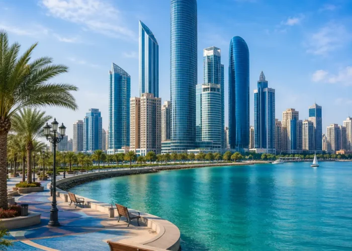 Abu Dhabi city skyline with modern waterfront towers, turquoise sea, palm promenade, and a premium luxury UAE travel atmosphere.