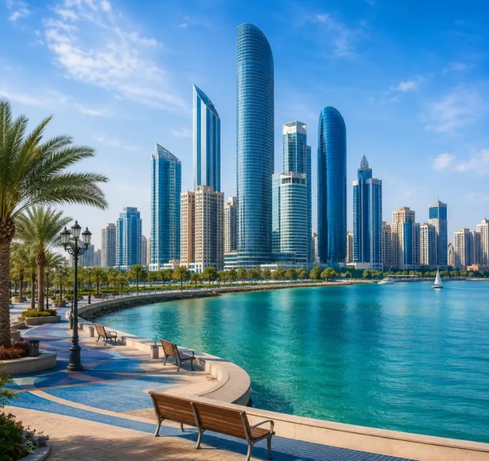 Abu Dhabi city skyline with modern waterfront towers, turquoise sea, palm promenade, and a premium luxury UAE travel atmosphere.