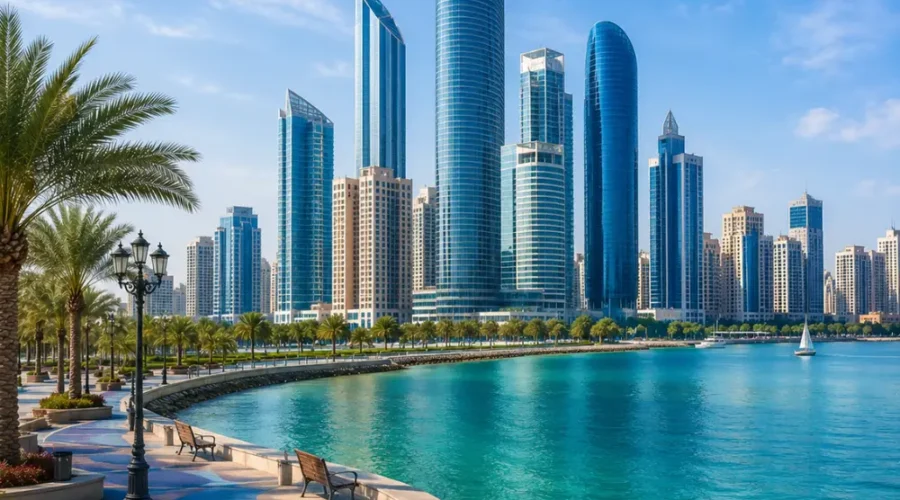 Abu Dhabi city skyline with modern waterfront towers, turquoise sea, palm promenade, and a premium luxury UAE travel atmosphere.