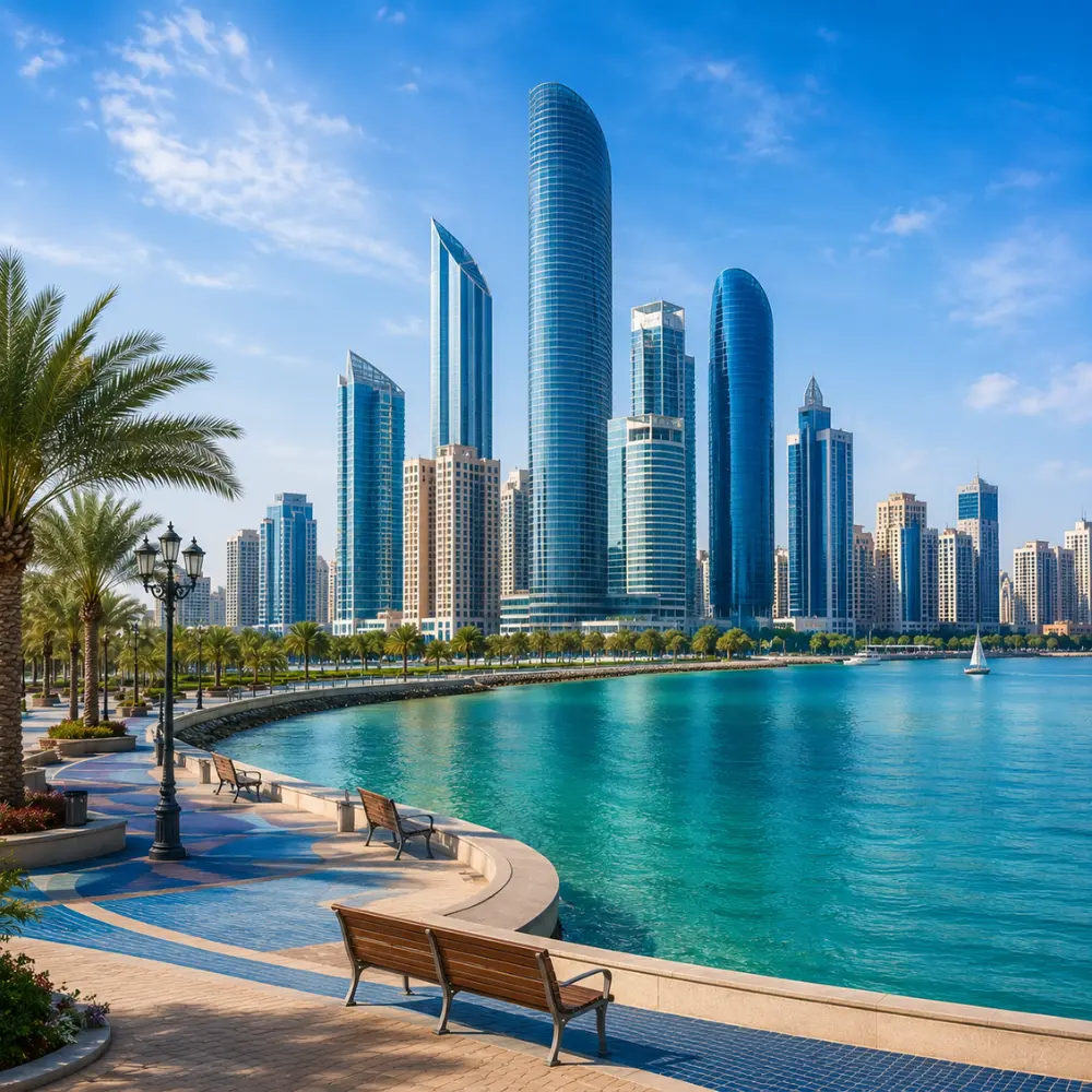 Abu Dhabi city skyline with modern waterfront towers, turquoise sea, palm promenade, and a premium luxury UAE travel atmosphere.