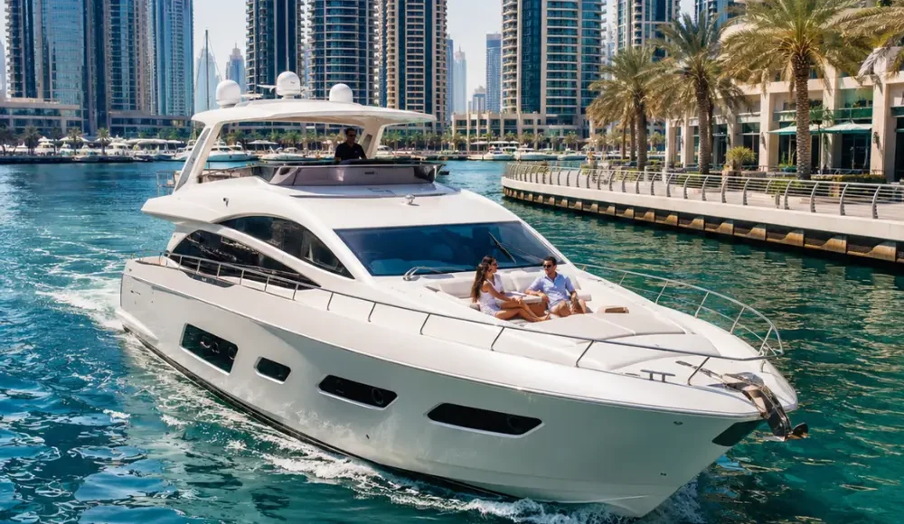 Luxury Dubai Marina cruise with white yacht, modern skyline, turquoise water, and premium waterfront travel atmosphere.