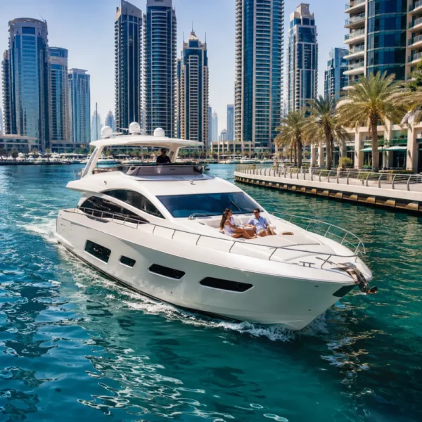 Luxury Dubai Marina cruise with white yacht, modern skyline, turquoise water, and premium waterfront travel atmosphere.