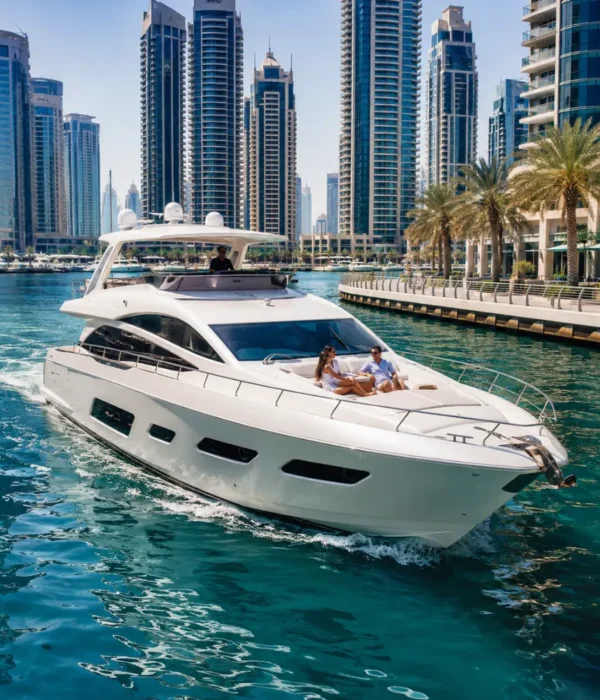 Luxury Dubai Marina cruise with white yacht, modern skyline, turquoise water, and premium waterfront travel atmosphere.