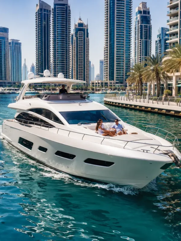 Luxury Dubai Marina cruise with white yacht, modern skyline, turquoise water, and premium waterfront travel atmosphere.