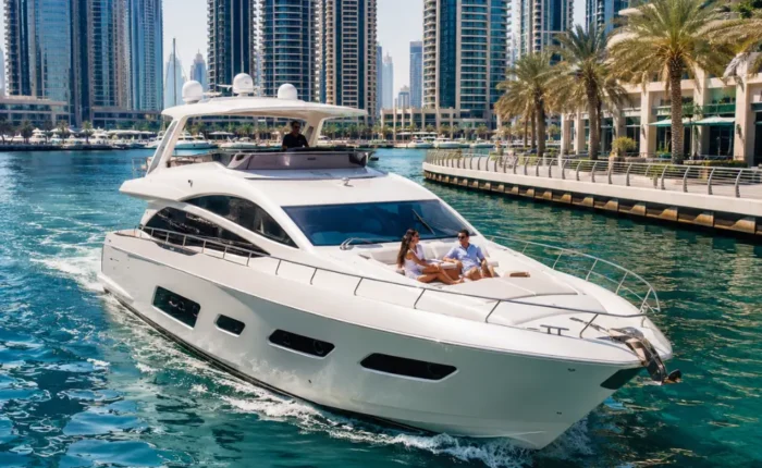 Luxury Dubai Marina cruise with white yacht, modern skyline, turquoise water, and premium waterfront travel atmosphere.