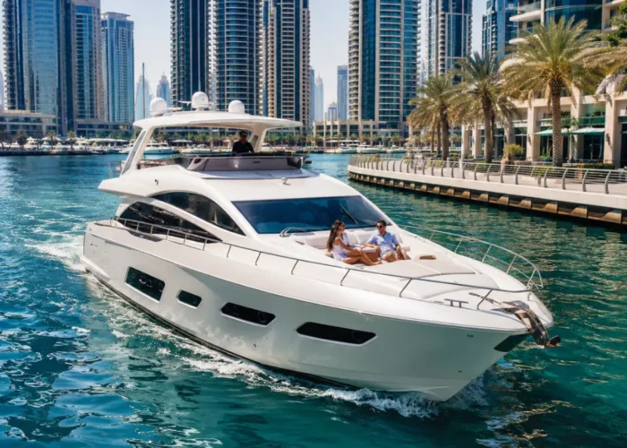 Luxury Dubai Marina cruise with white yacht, modern skyline, turquoise water, and premium waterfront travel atmosphere.