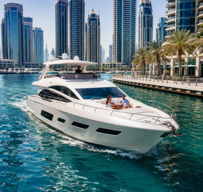 Luxury Dubai Marina cruise with white yacht, modern skyline, turquoise water, and premium waterfront travel atmosphere.