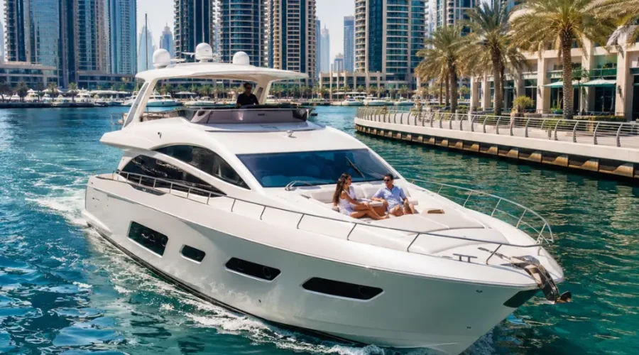 Luxury Dubai Marina cruise with white yacht, modern skyline, turquoise water, and premium waterfront travel atmosphere.