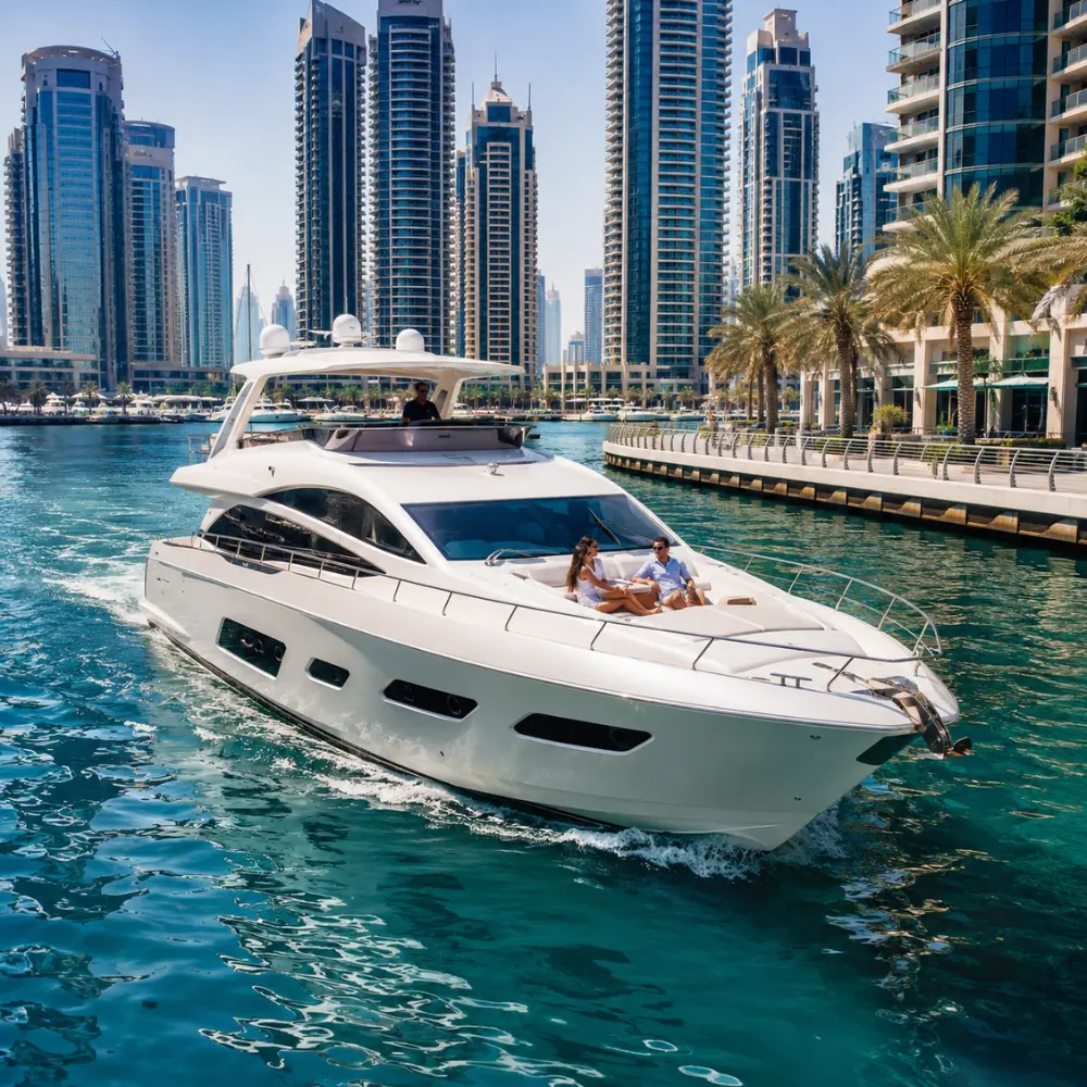 Luxury Dubai Marina cruise with white yacht, modern skyline, turquoise water, and premium waterfront travel atmosphere.