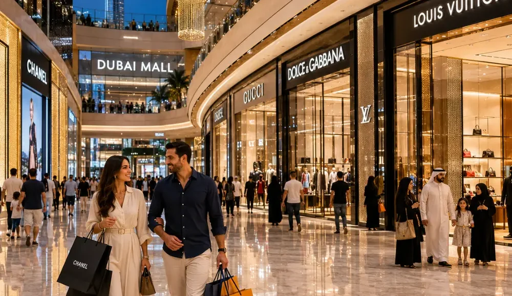 Dubai luxury shopping tour with elegant mall interiors, designer boutiques, premium lighting, and upscale UAE retail atmosphere.