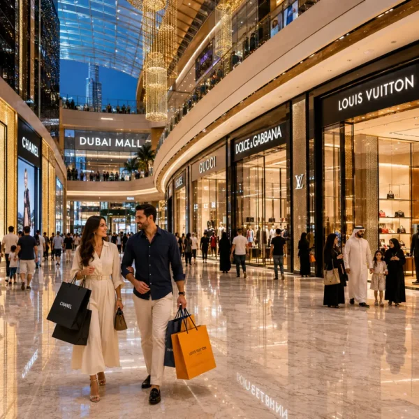 Dubai luxury shopping tour with elegant mall interiors, designer boutiques, premium lighting, and upscale UAE retail atmosphere.