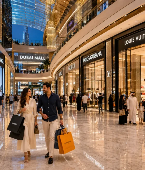 Dubai luxury shopping tour with elegant mall interiors, designer boutiques, premium lighting, and upscale UAE retail atmosphere.