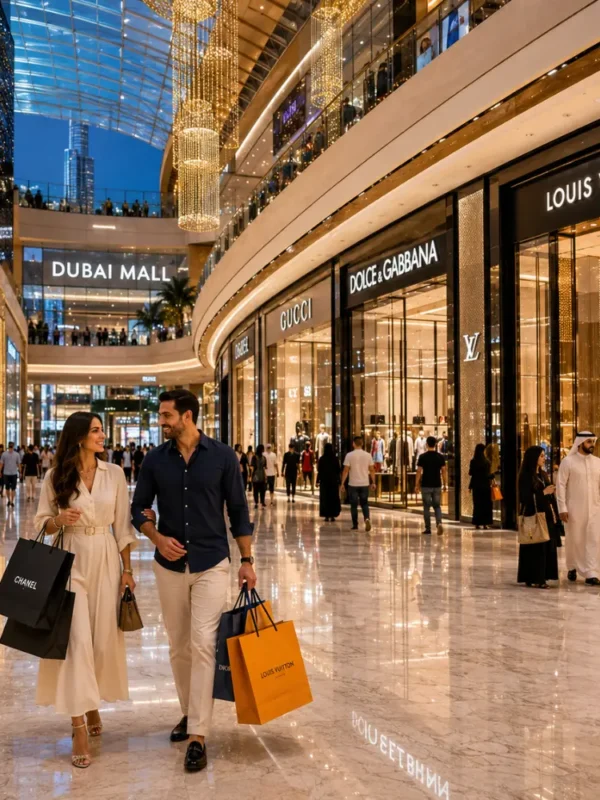 Dubai luxury shopping tour with elegant mall interiors, designer boutiques, premium lighting, and upscale UAE retail atmosphere.