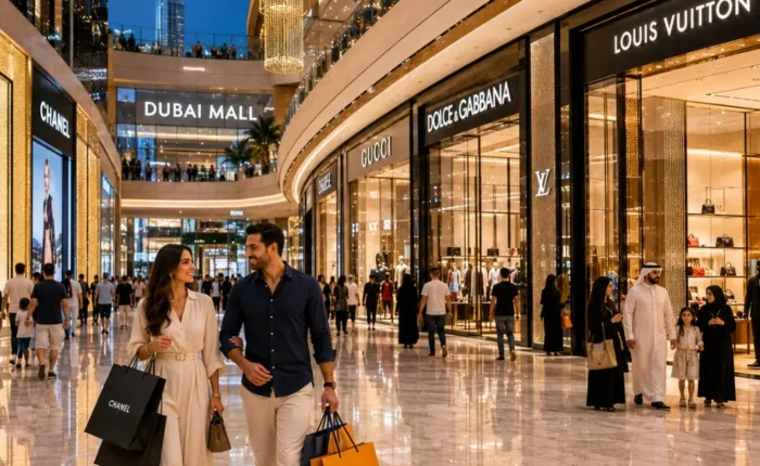 Dubai luxury shopping tour with elegant mall interiors, designer boutiques, premium lighting, and upscale UAE retail atmosphere.