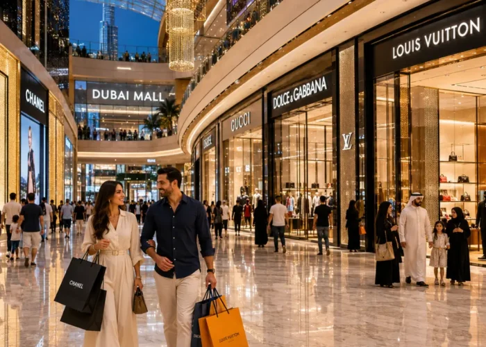 Dubai luxury shopping tour with elegant mall interiors, designer boutiques, premium lighting, and upscale UAE retail atmosphere.