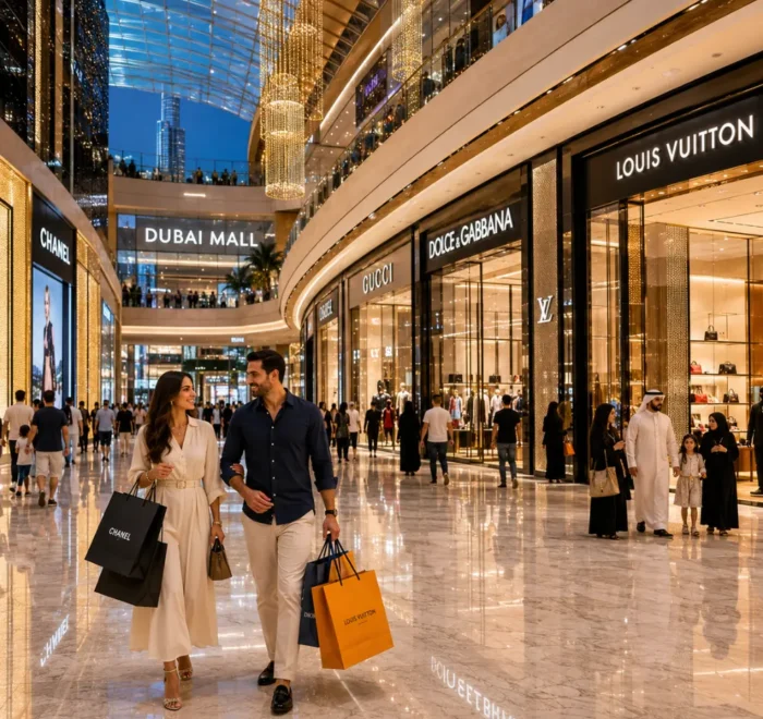 Dubai luxury shopping tour with elegant mall interiors, designer boutiques, premium lighting, and upscale UAE retail atmosphere.