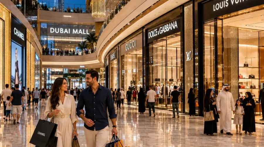 Dubai luxury shopping tour with elegant mall interiors, designer boutiques, premium lighting, and upscale UAE retail atmosphere.