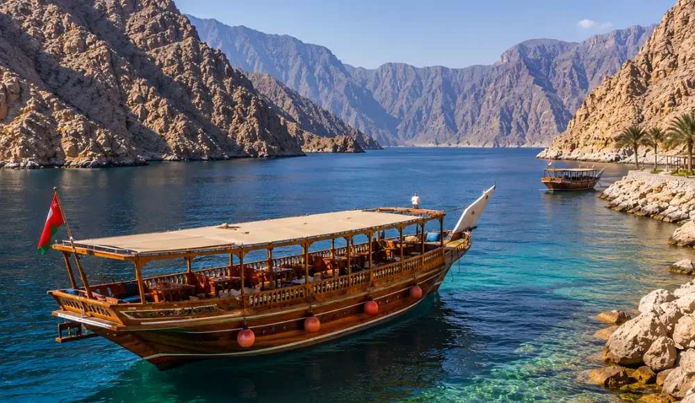 Oman Musandam cruise with traditional dhow boat, turquoise fjord waters, rocky cliffs, and a premium Arabian sea tour atmosphere.