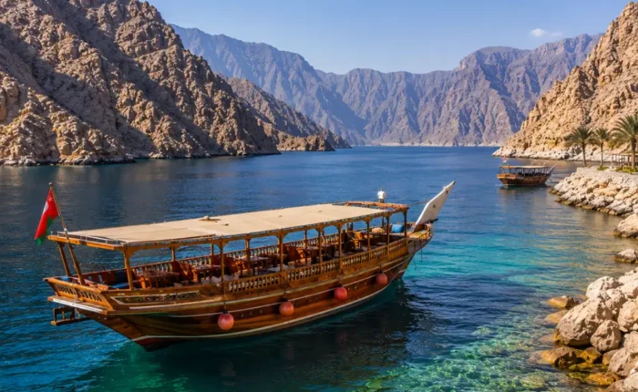 Oman Musandam cruise with traditional dhow boat, turquoise fjord waters, rocky cliffs, and a premium Arabian sea tour atmosphere.