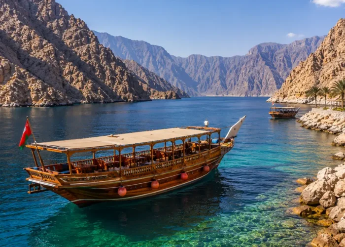 Oman Musandam cruise with traditional dhow boat, turquoise fjord waters, rocky cliffs, and a premium Arabian sea tour atmosphere.