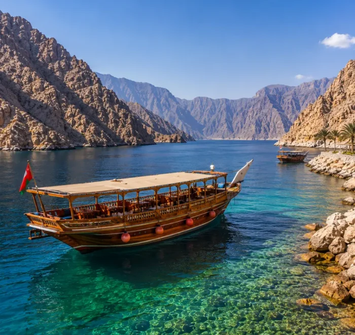 Oman Musandam cruise with traditional dhow boat, turquoise fjord waters, rocky cliffs, and a premium Arabian sea tour atmosphere.