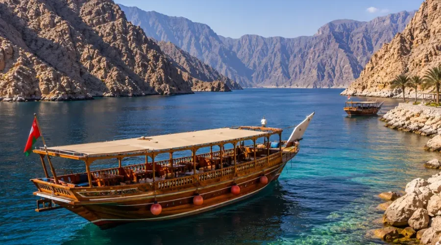 Oman Musandam cruise with traditional dhow boat, turquoise fjord waters, rocky cliffs, and a premium Arabian sea tour atmosphere.