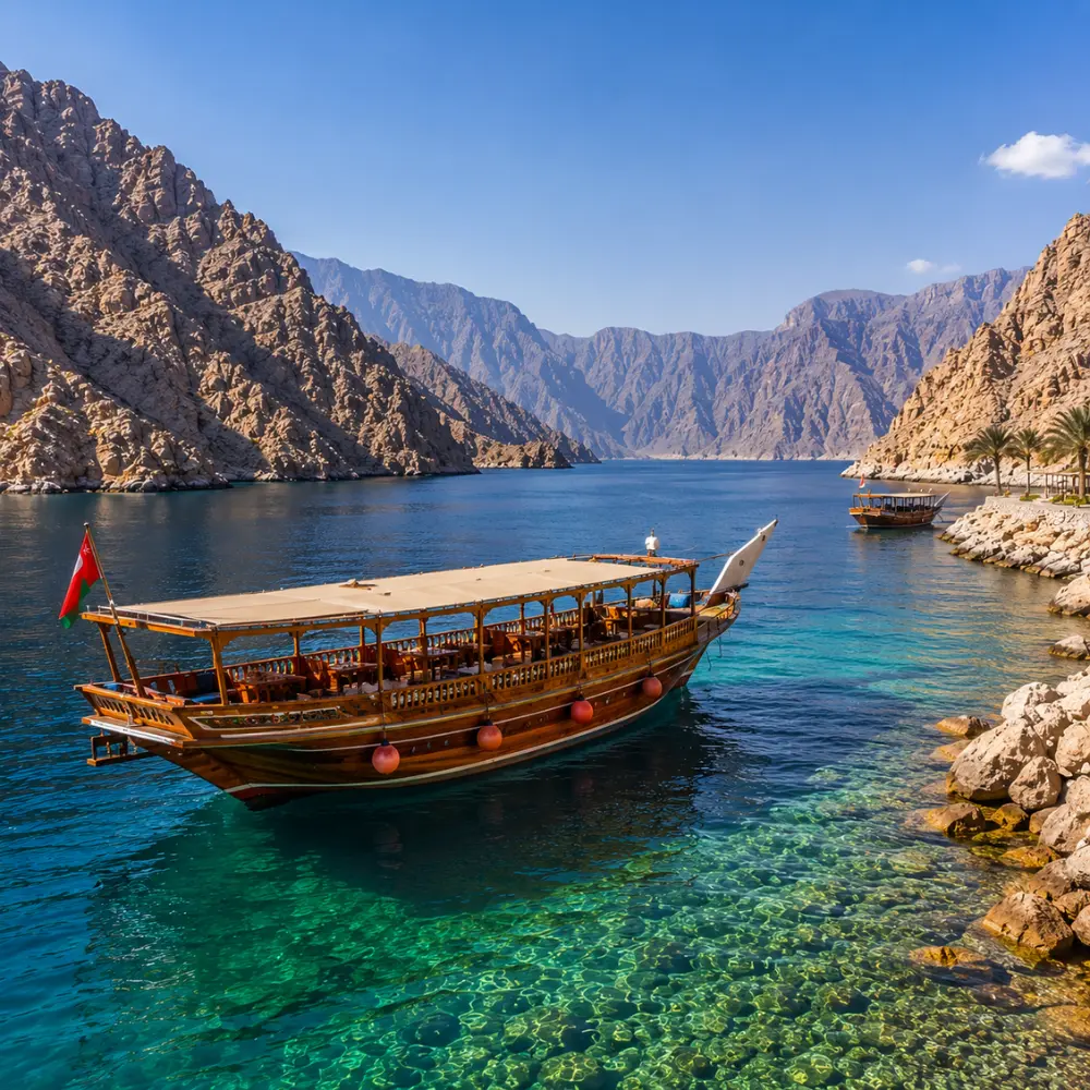 Oman Musandam cruise with traditional dhow boat, turquoise fjord waters, rocky cliffs, and a premium Arabian sea tour atmosphere.