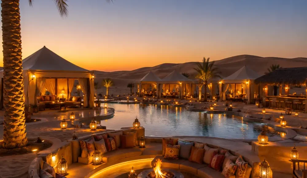 Dubai desert resort with luxury villas, golden sand dunes, palm trees, private pool, and a premium Arabian travel atmosphere.