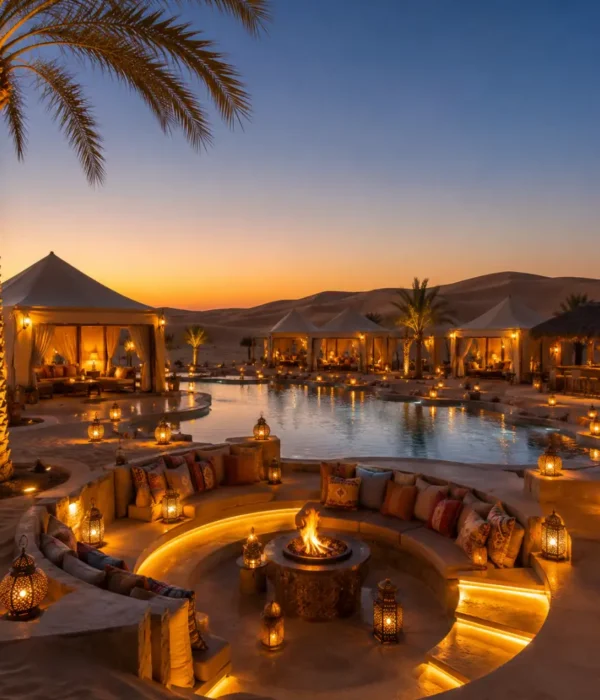 Dubai desert resort with luxury villas, golden sand dunes, palm trees, private pool, and a premium Arabian travel atmosphere.
