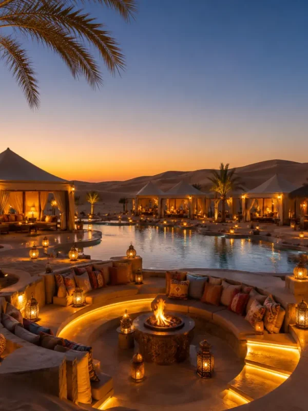 Dubai desert resort with luxury villas, golden sand dunes, palm trees, private pool, and a premium Arabian travel atmosphere.