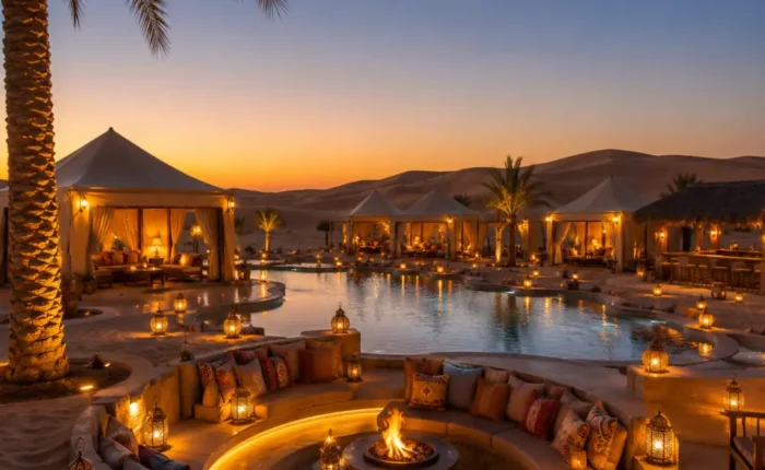 Dubai desert resort with luxury villas, golden sand dunes, palm trees, private pool, and a premium Arabian travel atmosphere.