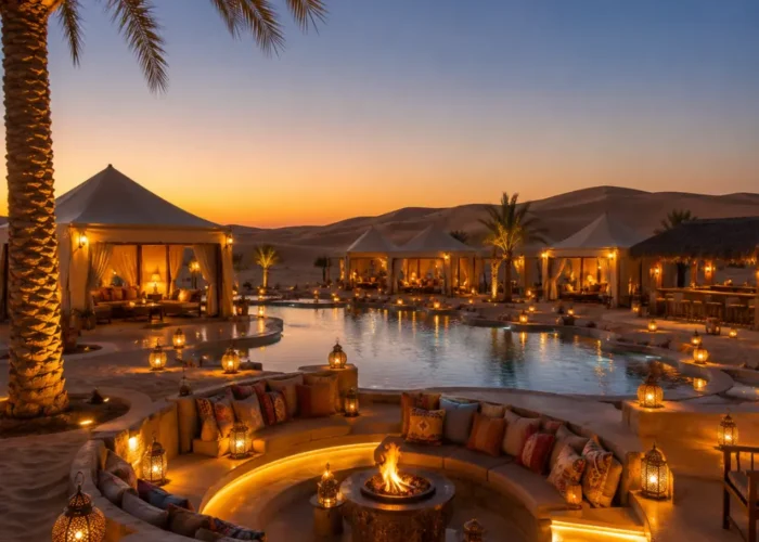 Dubai desert resort with luxury villas, golden sand dunes, palm trees, private pool, and a premium Arabian travel atmosphere.