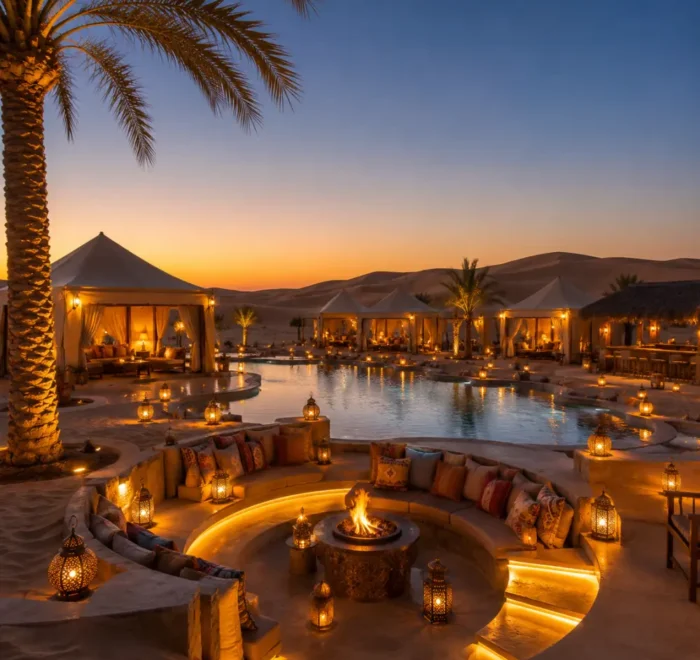 Dubai desert resort with luxury villas, golden sand dunes, palm trees, private pool, and a premium Arabian travel atmosphere.