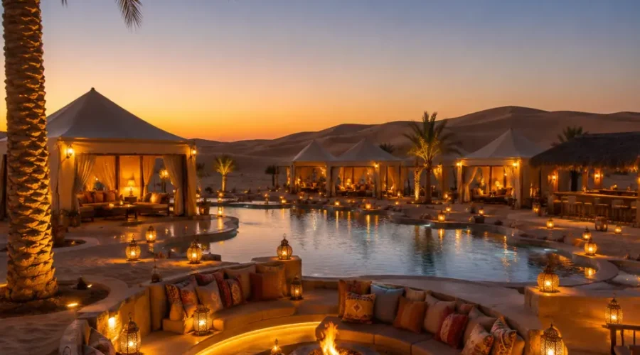 Dubai desert resort with luxury villas, golden sand dunes, palm trees, private pool, and a premium Arabian travel atmosphere.