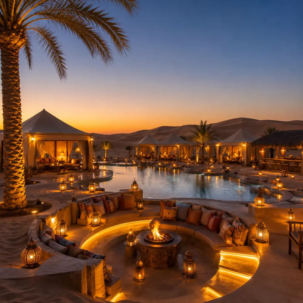 Dubai desert resort with luxury villas, golden sand dunes, palm trees, private pool, and a premium Arabian travel atmosphere.