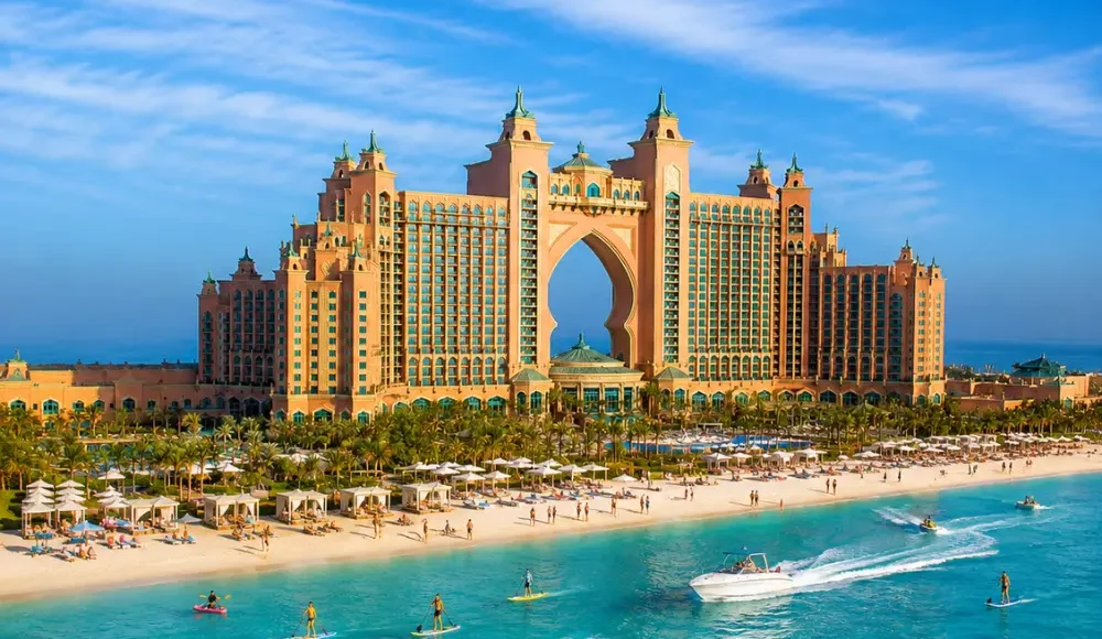 Dubai Atlantis The Palm with luxury resort architecture, turquoise sea, Palm Jumeirah views, and premium UAE holiday atmosphere.