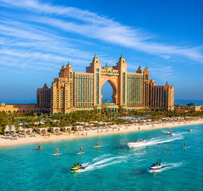 Dubai Atlantis The Palm with luxury resort architecture, turquoise sea, Palm Jumeirah views, and premium UAE holiday atmosphere.
