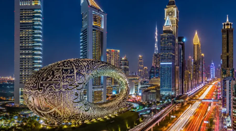 Dubai night skyline with Museum of the Future, glowing city lights, futuristic towers, and a premium luxury travel atmosphere.