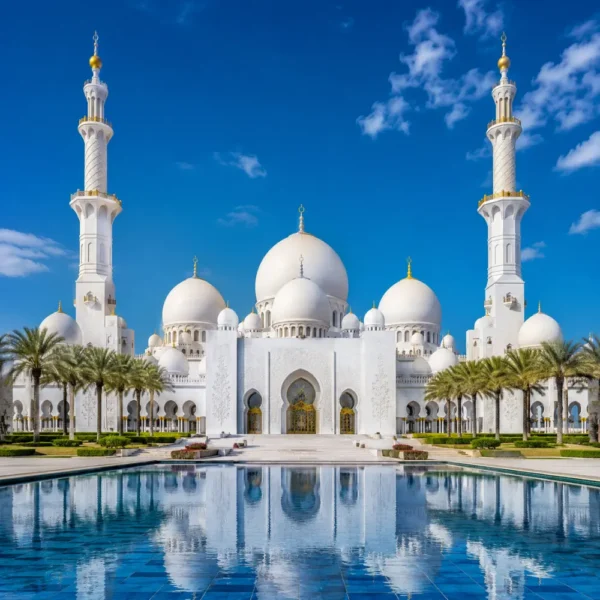 Sheikh Zayed Grand Mosque in Abu Dhabi with white marble domes, grand minarets, reflective pools, and a premium cultural travel atmosphere.