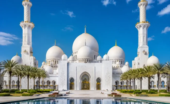 Sheikh Zayed Grand Mosque in Abu Dhabi with white marble domes, grand minarets, reflective pools, and a premium cultural travel atmosphere.