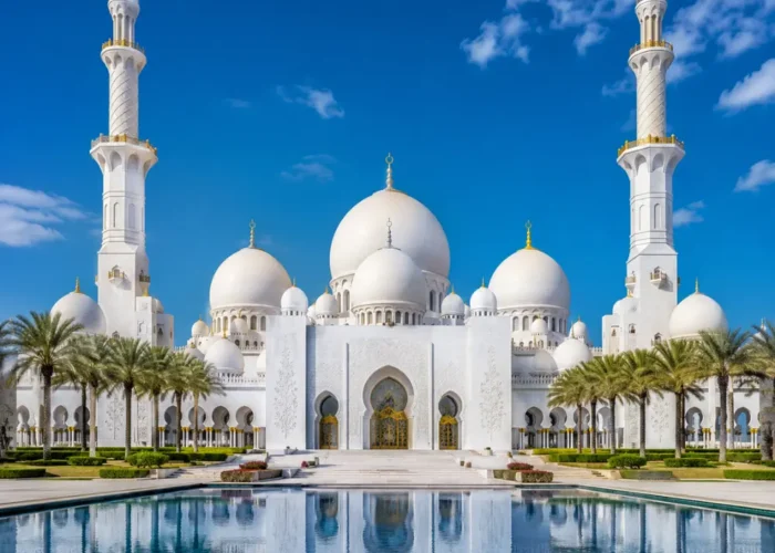 Sheikh Zayed Grand Mosque in Abu Dhabi with white marble domes, grand minarets, reflective pools, and a premium cultural travel atmosphere.