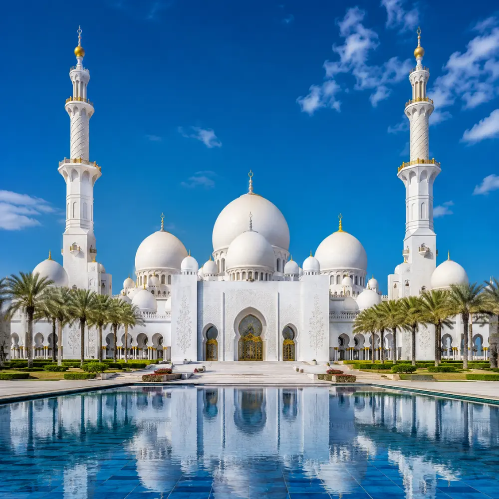 Sheikh Zayed Grand Mosque in Abu Dhabi with white marble domes, grand minarets, reflective pools, and a premium cultural travel atmosphere.