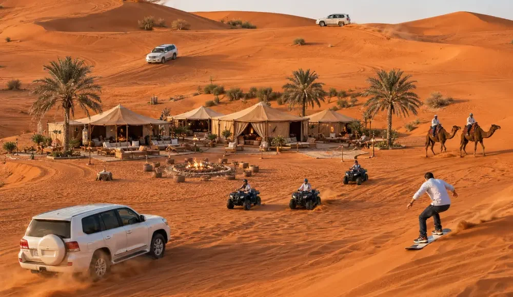 Luxury Dubai desert safari with Land Cruiser dune bashing, ATV rides, camel ride, sandboarding, and premium desert camp.
