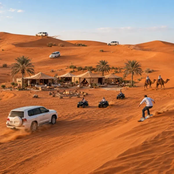 Luxury Dubai desert safari with Land Cruiser dune bashing, ATV rides, camel ride, sandboarding, and premium desert camp.