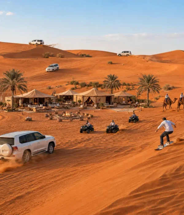 Luxury Dubai desert safari with Land Cruiser dune bashing, ATV rides, camel ride, sandboarding, and premium desert camp.
