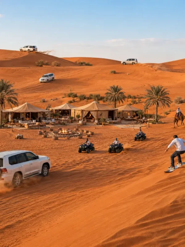 Luxury Dubai desert safari with Land Cruiser dune bashing, ATV rides, camel ride, sandboarding, and premium desert camp.