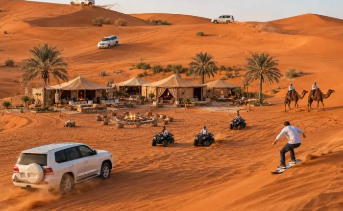 Luxury Dubai desert safari with Land Cruiser dune bashing, ATV rides, camel ride, sandboarding, and premium desert camp.