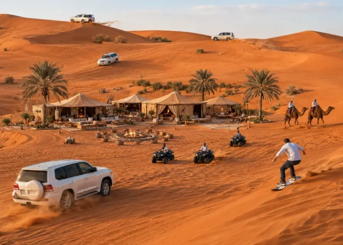Luxury Dubai desert safari with Land Cruiser dune bashing, ATV rides, camel ride, sandboarding, and premium desert camp.