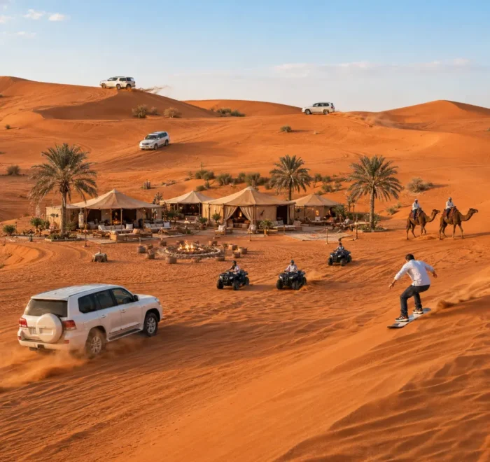 Luxury Dubai desert safari with Land Cruiser dune bashing, ATV rides, camel ride, sandboarding, and premium desert camp.